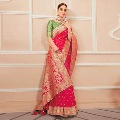 Dark Pink Festive Wear Woven Banarasi Silk Saree With Tassels