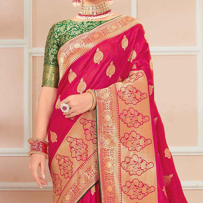 Dark Pink Festive Wear Woven Banarasi Silk Saree With Tassels
