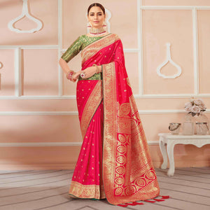 Dark Pink Festive Wear Woven Banarasi Silk Saree With Tassels