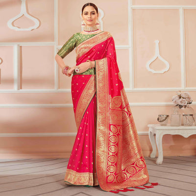 Dark Pink Festive Wear Woven Banarasi Silk Saree With Tassels