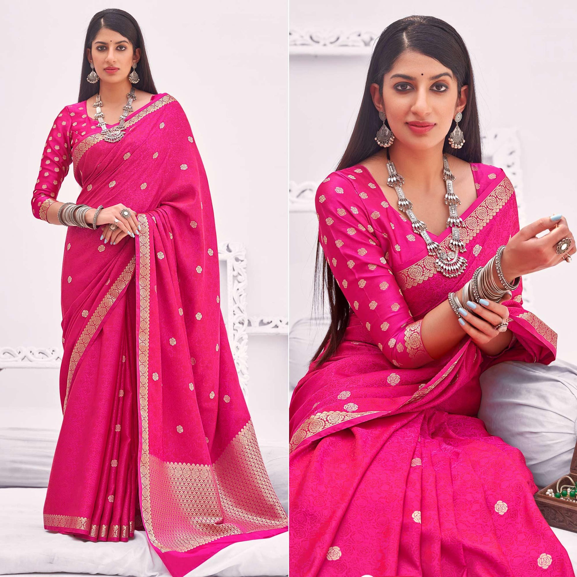 Dark Pink Festive Wear Woven Satin Saree