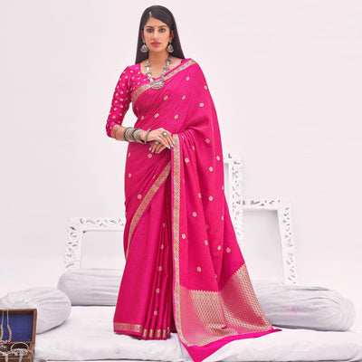 Dark Pink Festive Wear Woven Satin Saree