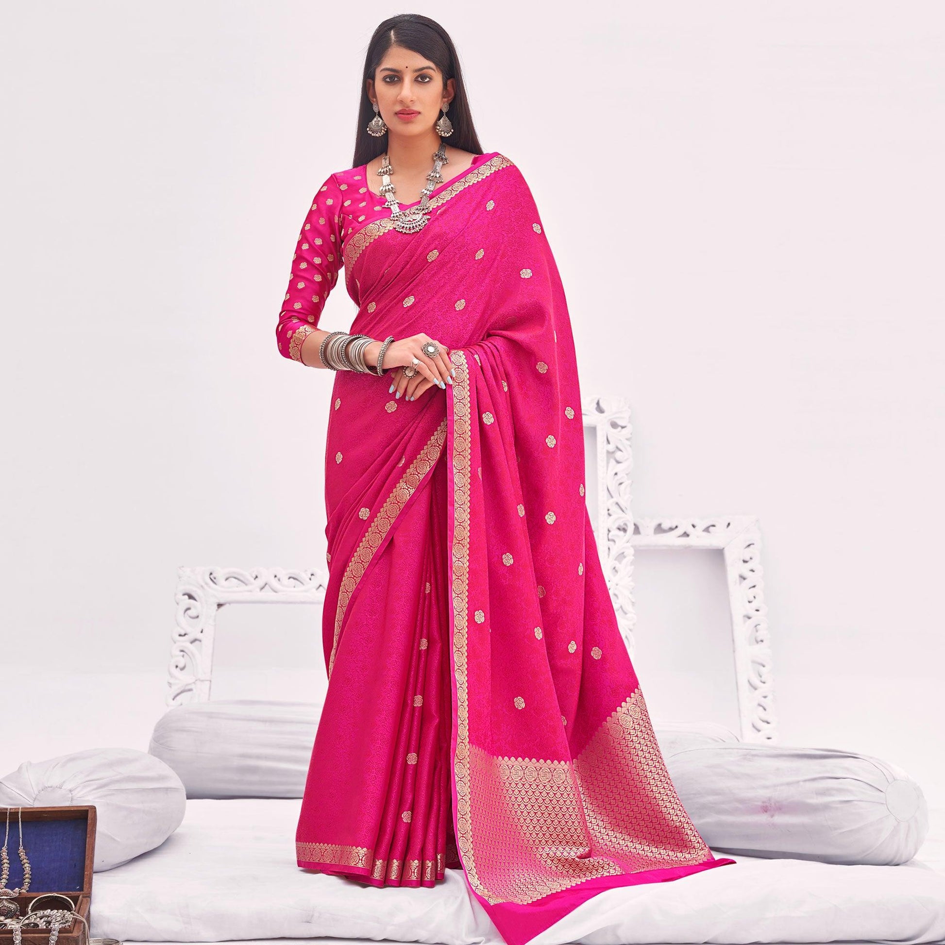 Dark Pink Festive Wear Woven Satin Saree
