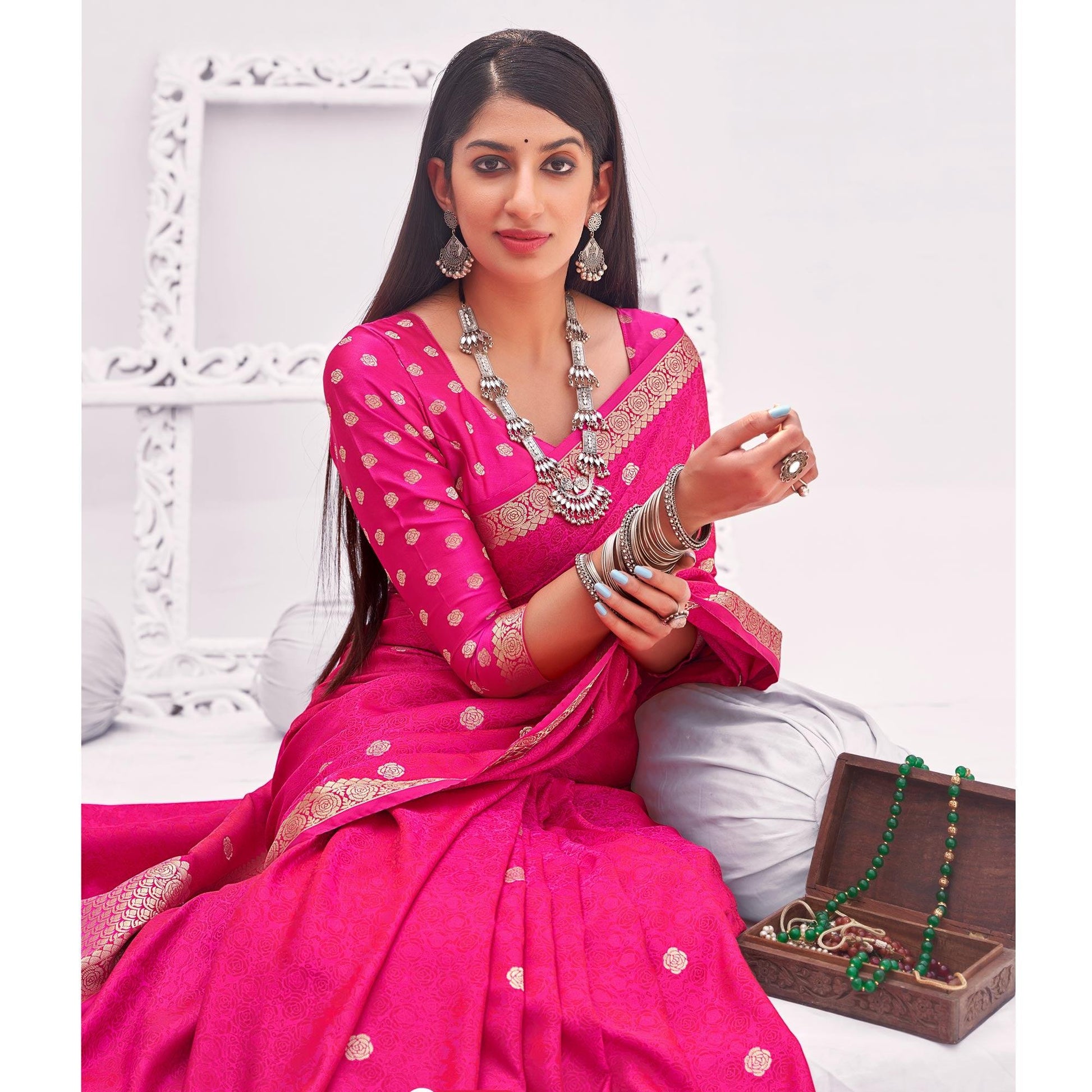 Dark Pink Festive Wear Woven Satin Saree