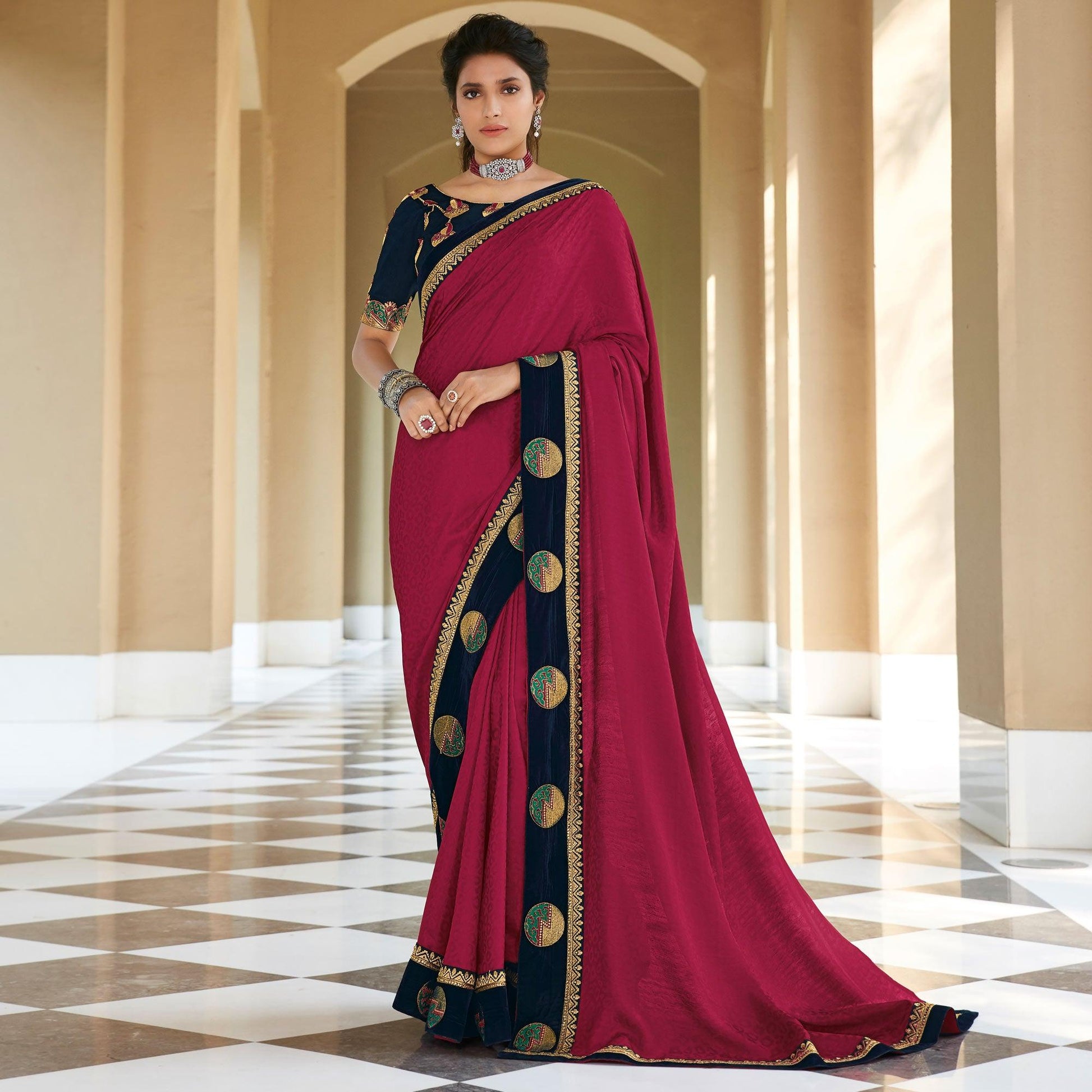 Dark Pink Festive Wear Woven Silk Saree With Border