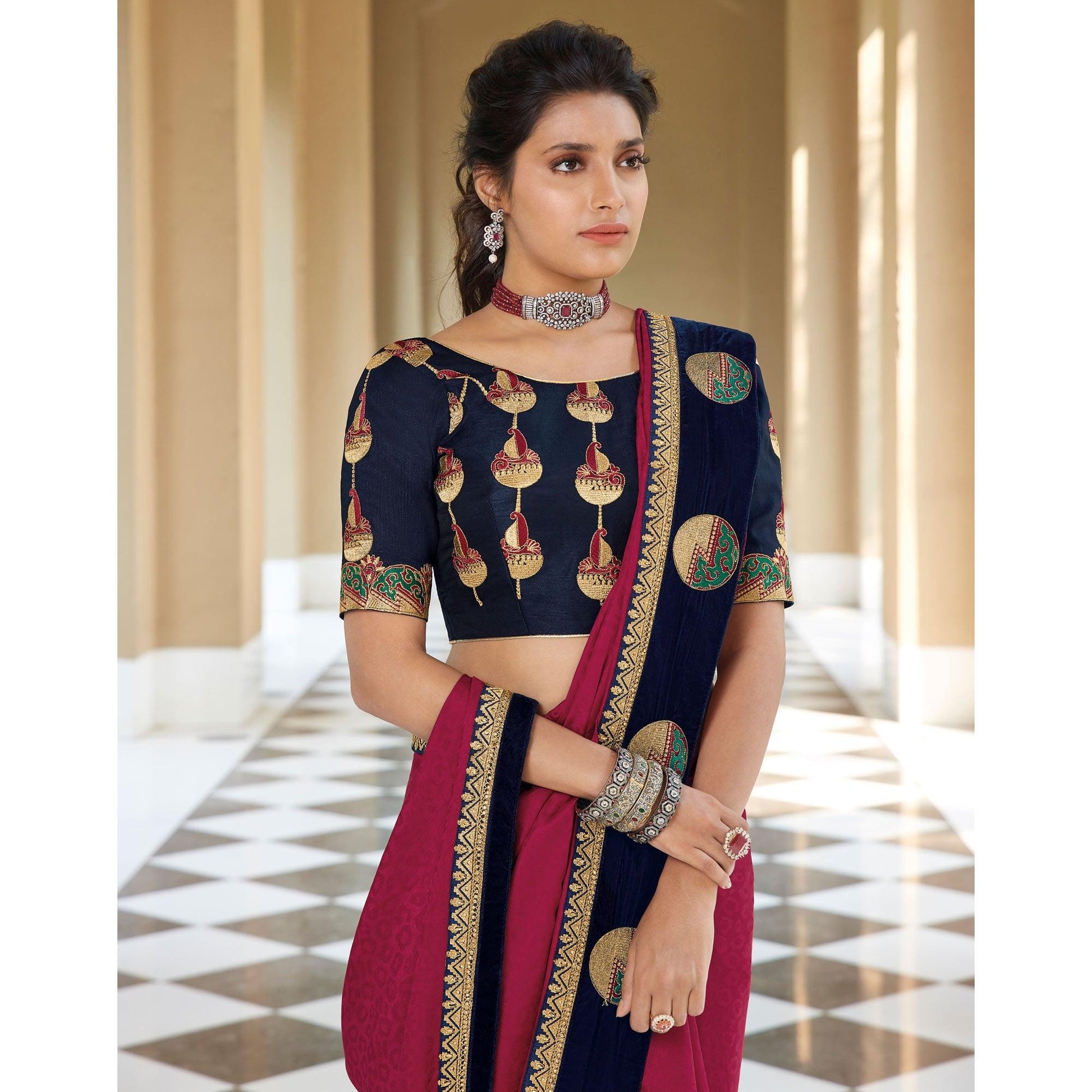 Dark Pink Festive Wear Woven Silk Saree With Border