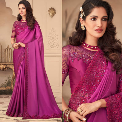 Dark Pink Floral Sequins Embroidered Art Silk Saree