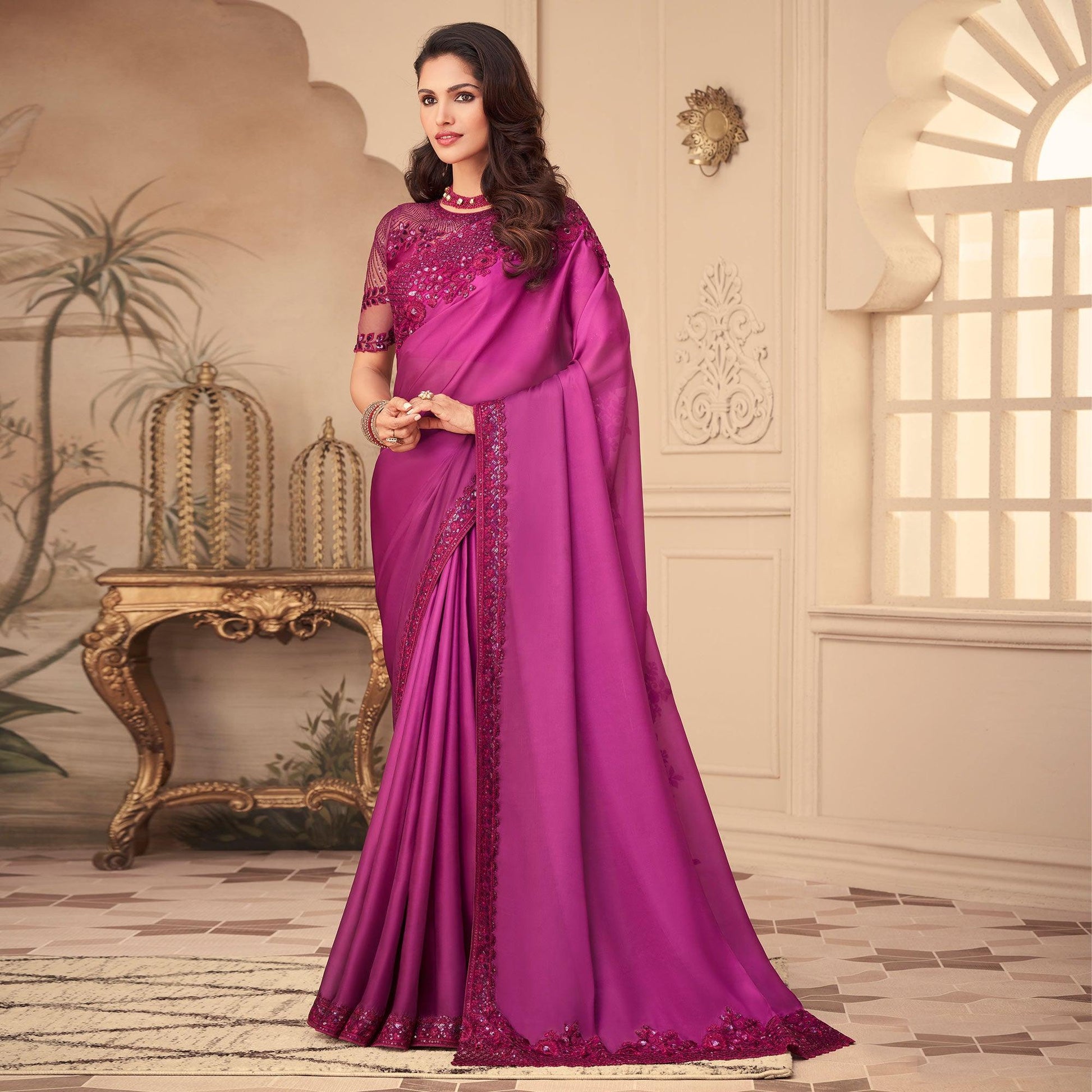 Dark Pink Floral Sequins Embroidered Art Silk Saree