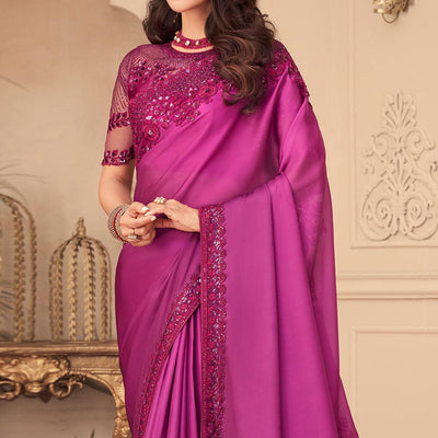 Dark Pink Floral Sequins Embroidered Art Silk Saree