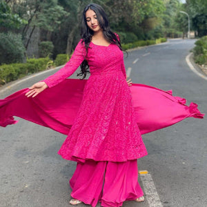 Dark Pink Lucknowi Embroidered Georgette Sharara Suit