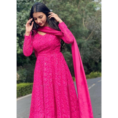 Dark Pink Lucknowi Embroidered Georgette Sharara Suit