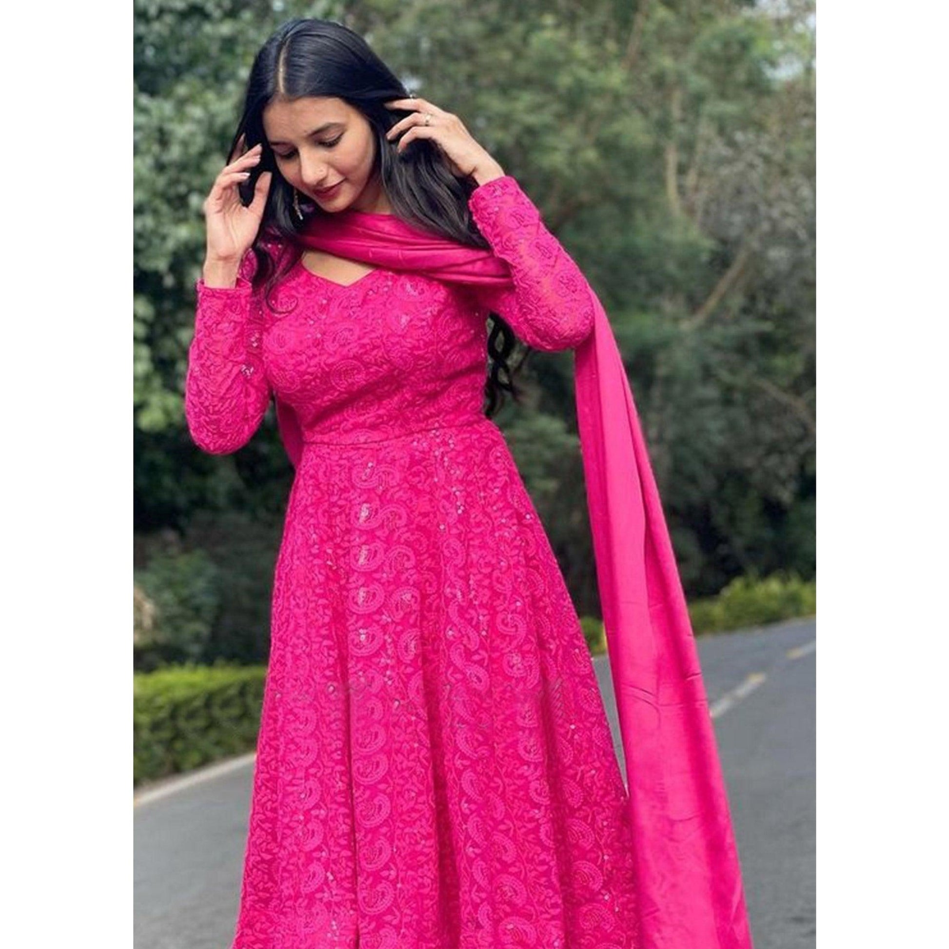Dark Pink Lucknowi Embroidered Georgette Sharara Suit
