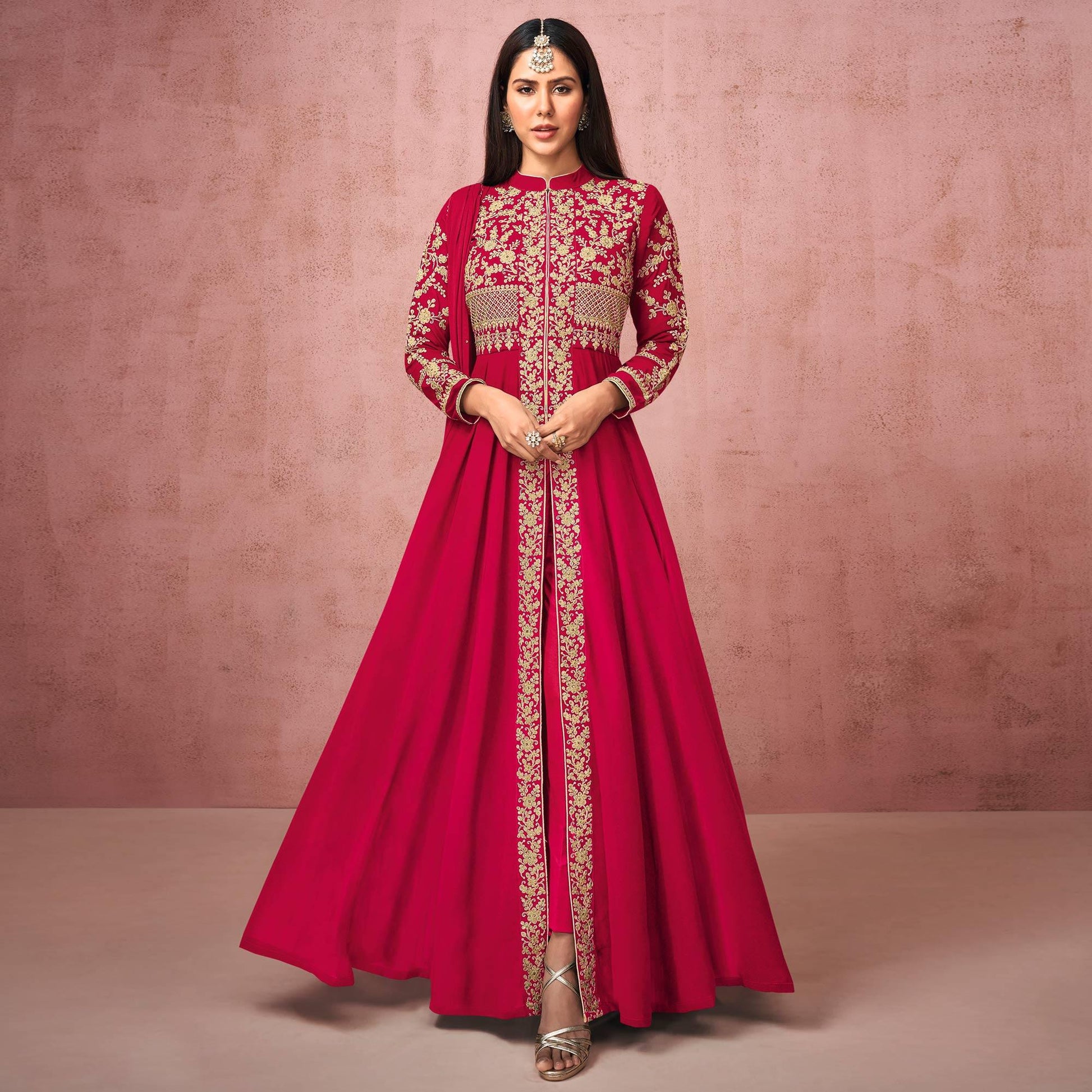 Dark Pink Partywear Embroidered Georgette Anarkali Suit