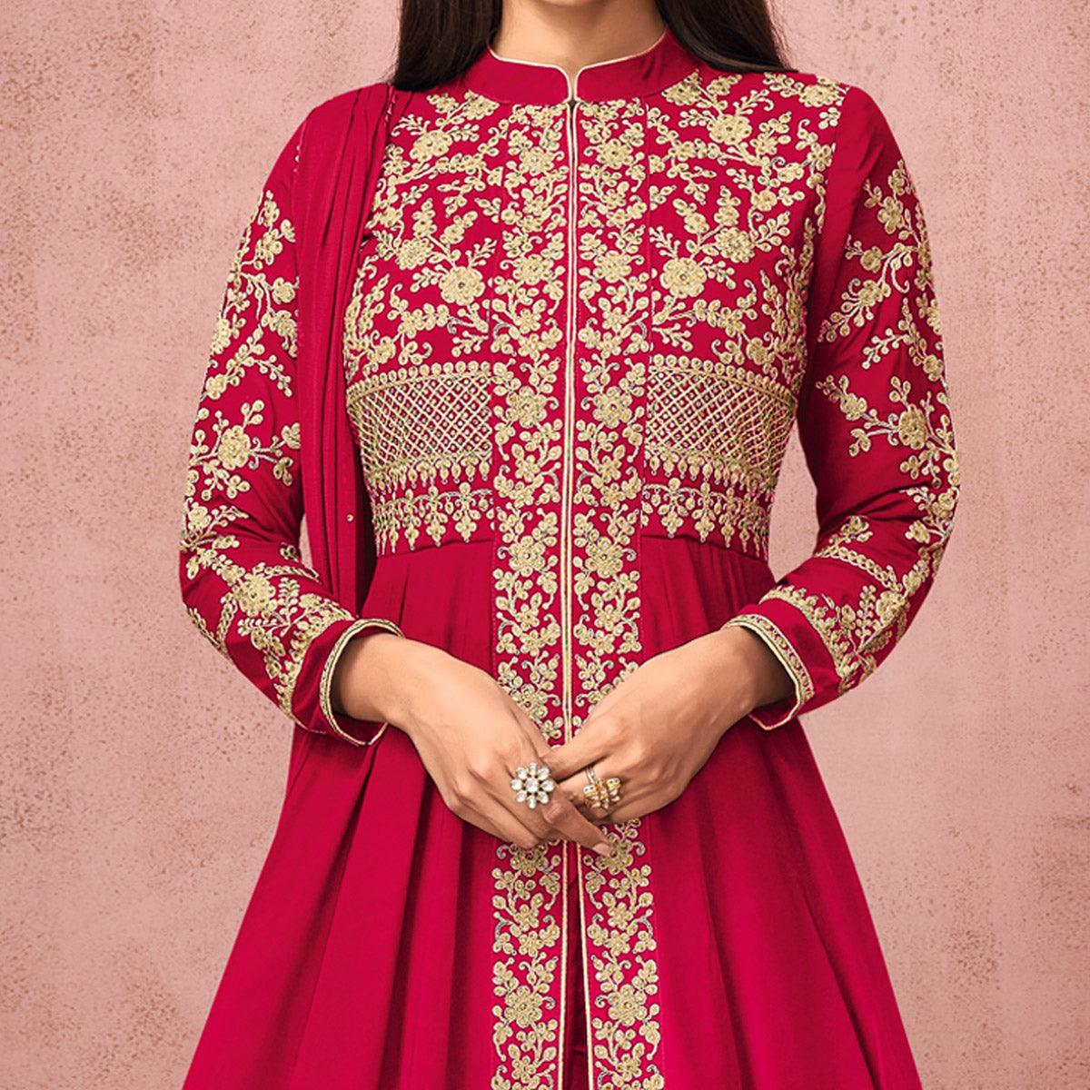 Dark Pink Partywear Embroidered Georgette Anarkali Suit