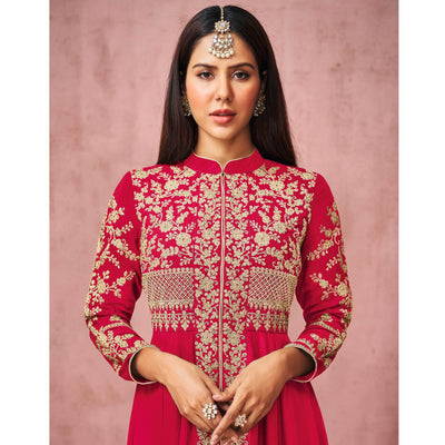 Dark Pink Partywear Embroidered Georgette Anarkali Suit