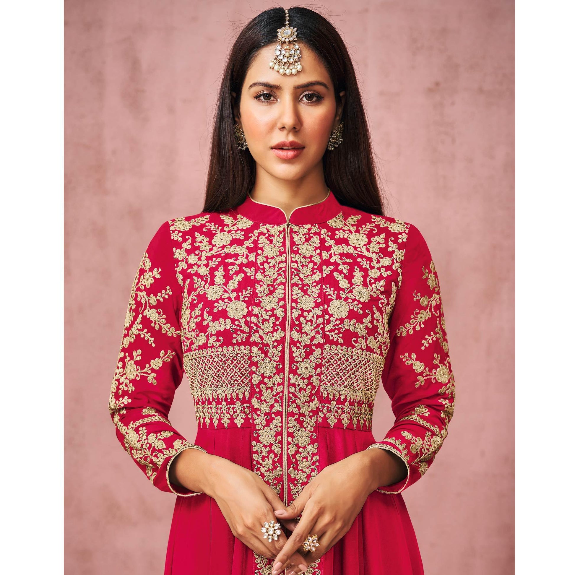 Dark Pink Partywear Embroidered Georgette Anarkali Suit