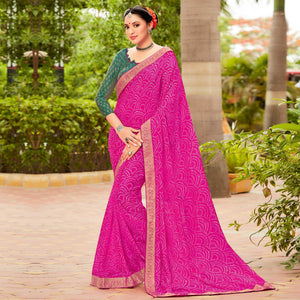 Dark Pink Partywear Printed Chiffon Saree With Border