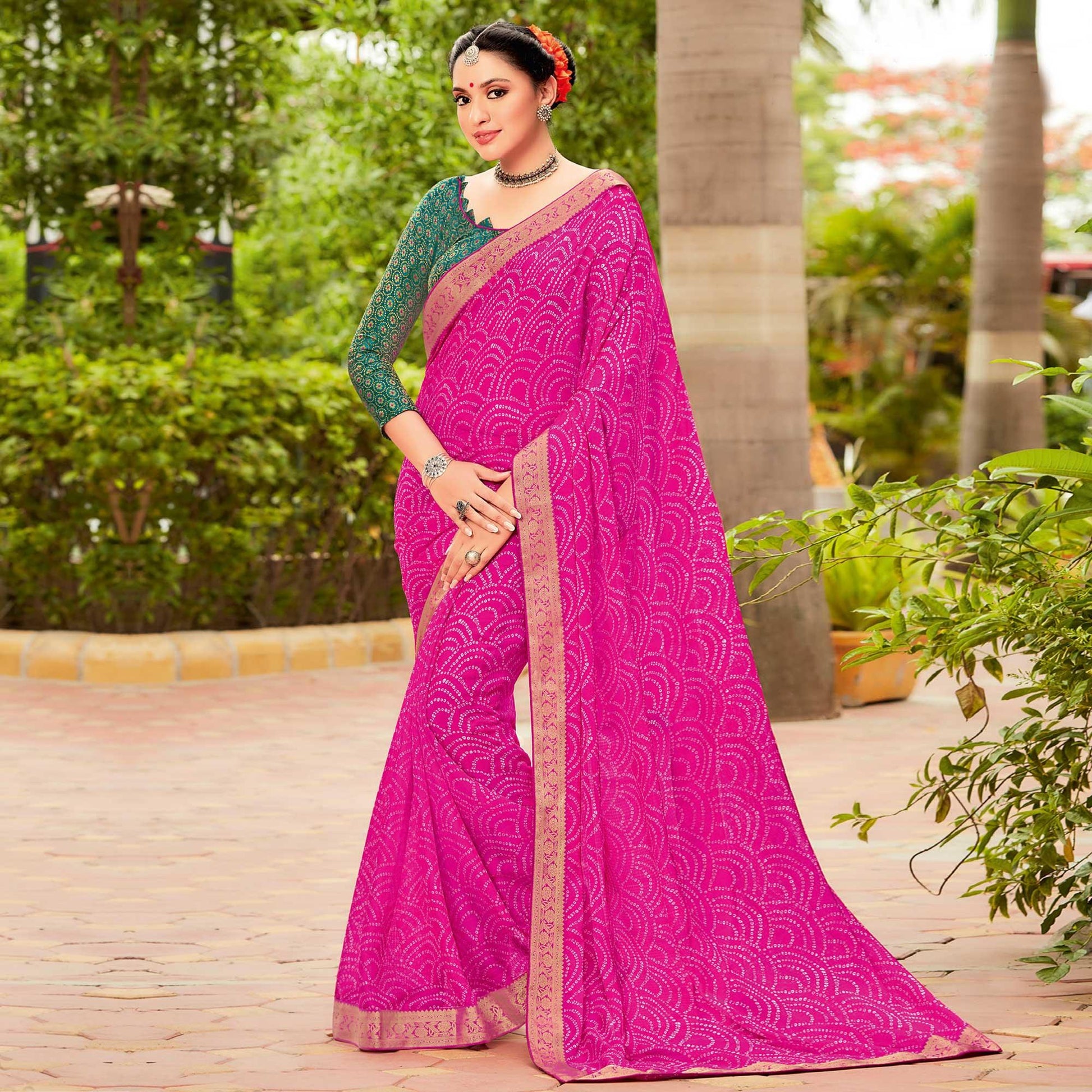 Dark Pink Partywear Printed Chiffon Saree With Border