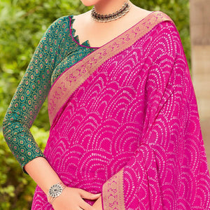 Dark Pink Partywear Printed Chiffon Saree With Border