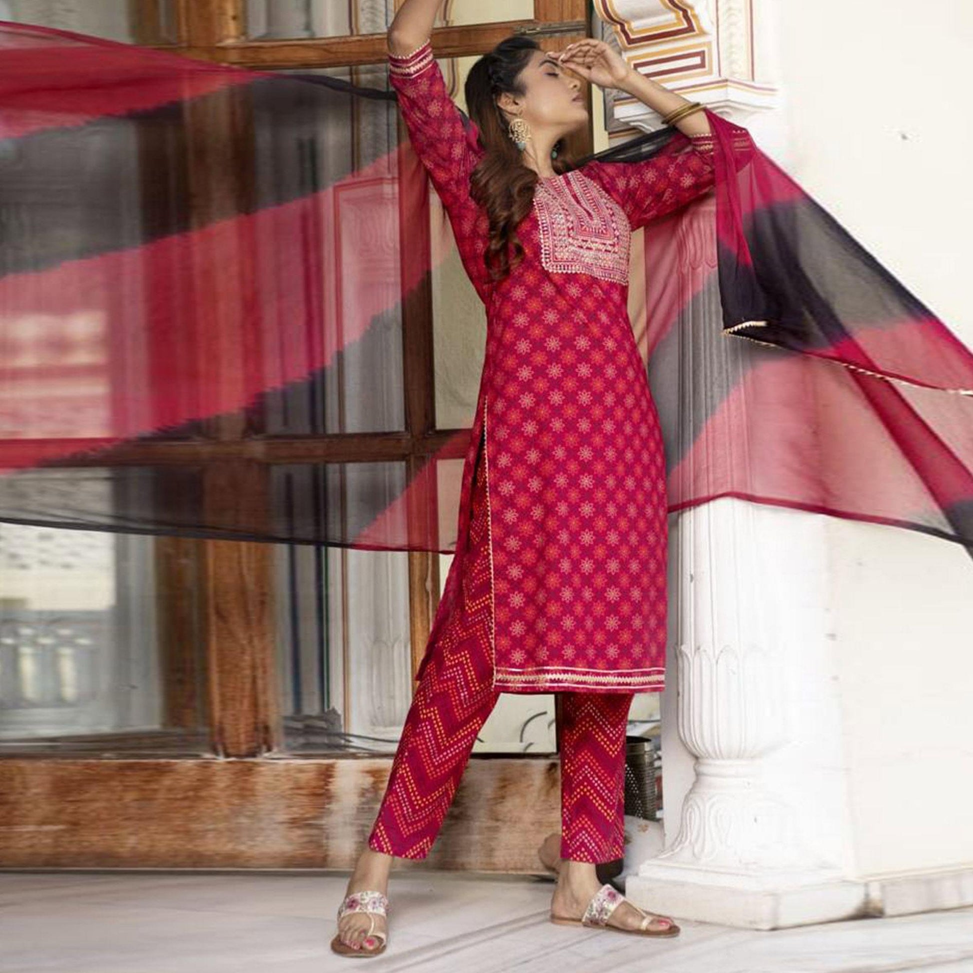 Dark Pink Partywear Printed With Sequins Embroidered Kurti Pant Set With Dupatta