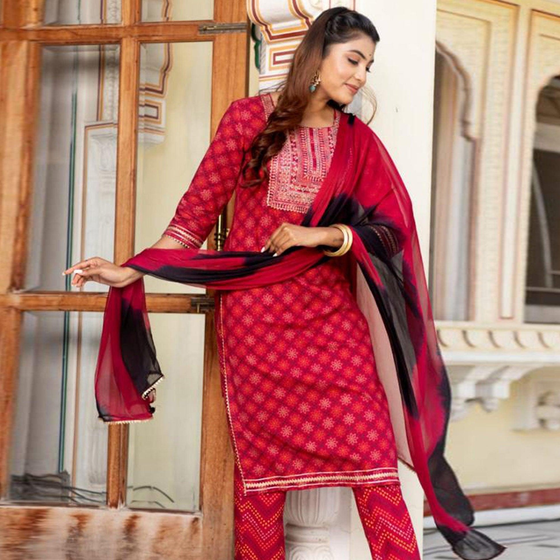 Dark Pink Partywear Printed With Sequins Embroidered Kurti Pant Set With Dupatta