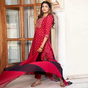 Dark Pink Partywear Printed With Sequins Embroidered Kurti Pant Set With Dupatta