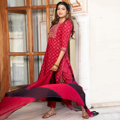 Dark Pink Partywear Printed With Sequins Embroidered Kurti Pant Set With Dupatta