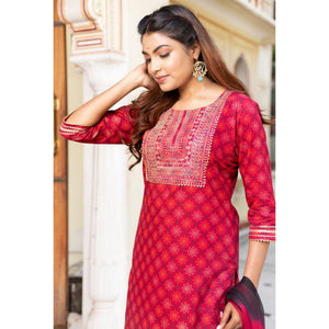 Dark Pink Partywear Printed With Sequins Embroidered Kurti Pant Set With Dupatta