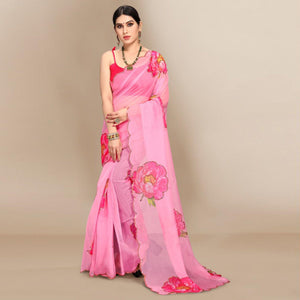 Dark Pink Partywear Sequins & Printed Organza Saree