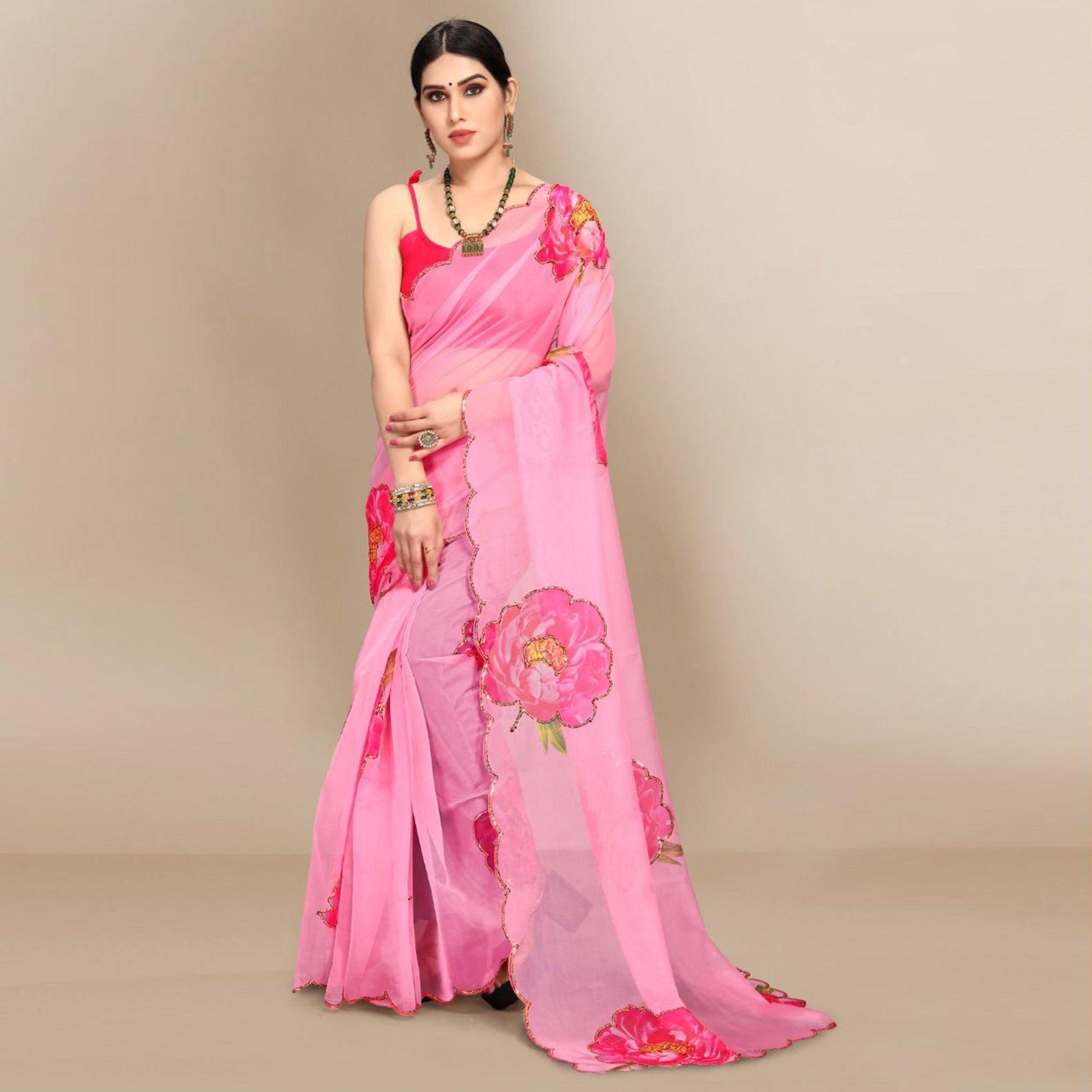 Dark Pink Partywear Sequins & Printed Organza Saree
