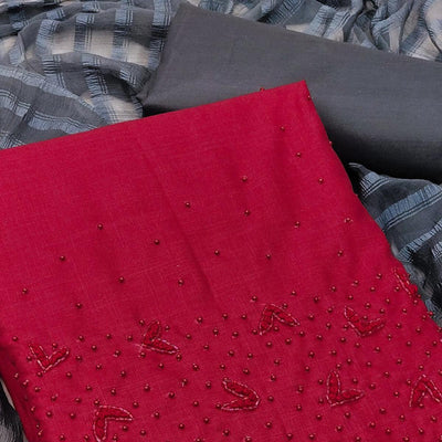 Dark Pink Pearl Embroidered Pure Cotton Dress Material