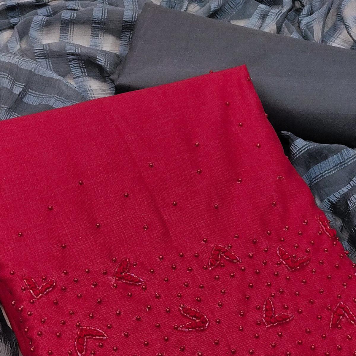 Dark Pink Pearl Embroidered Pure Cotton Dress Material