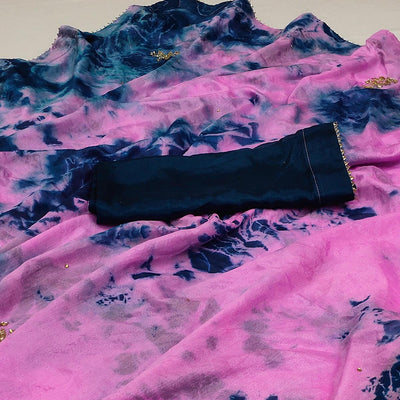 Dark Pink Printed Chiffon Saree