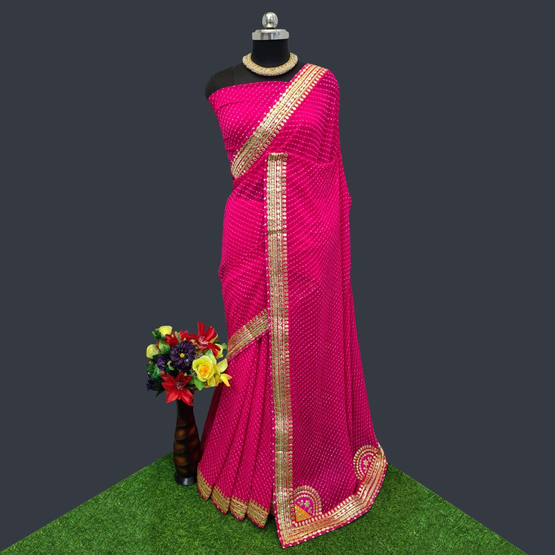 Dark Pink Printed Georgette Saree With Lace Border