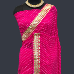 Dark Pink Printed Georgette Saree With Lace Border