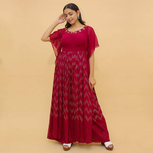 Dark Pink Printed With Mukaish Work Georgette Partywear Suit