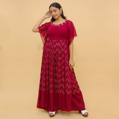 Dark Pink Printed With Mukaish Work Georgette Partywear Suit