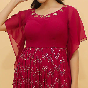 Dark Pink Printed With Mukaish Work Georgette Partywear Suit