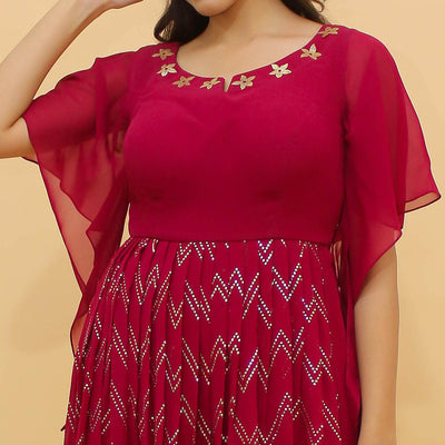 Dark Pink Printed With Mukaish Work Georgette Partywear Suit
