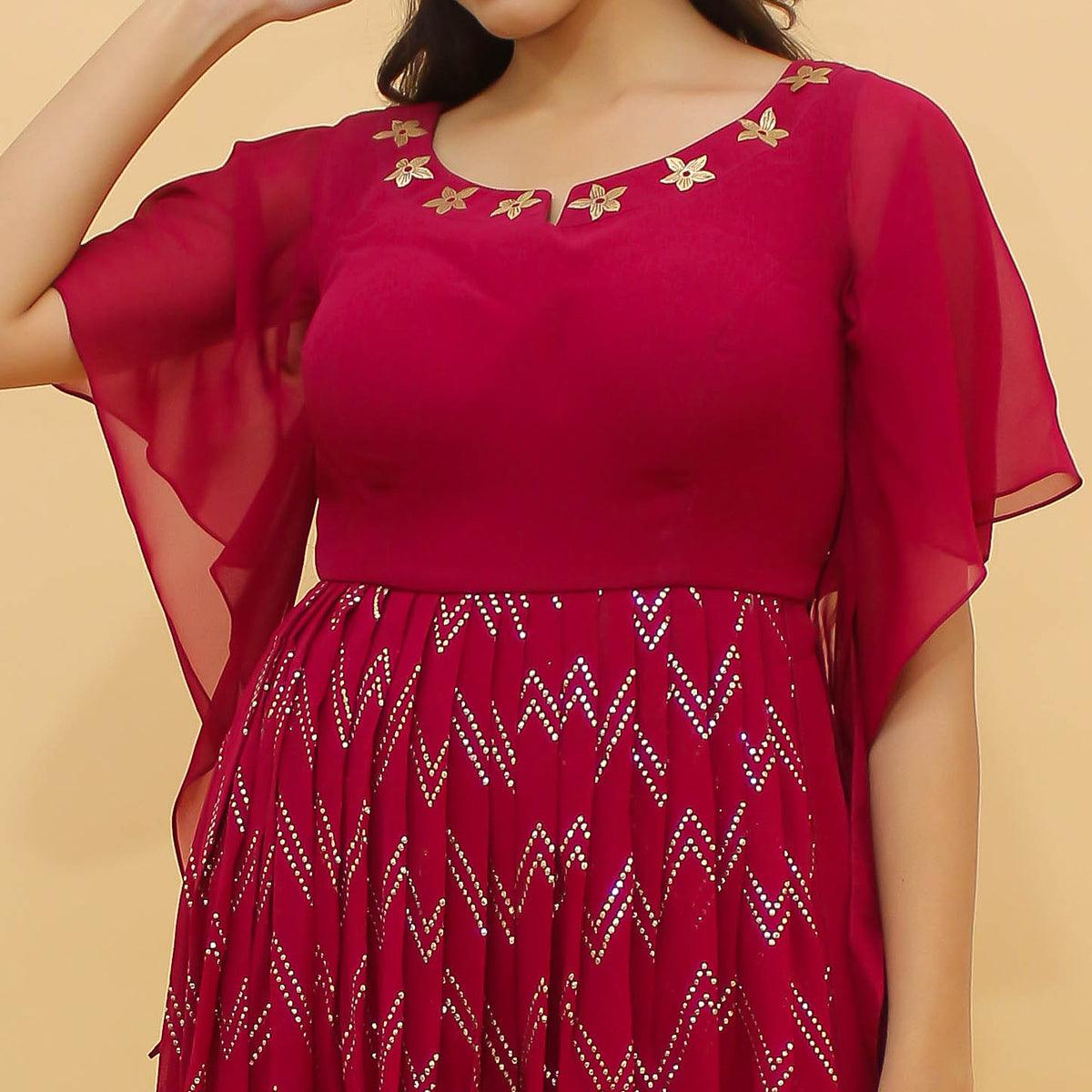 Dark Pink Printed With Mukaish Work Georgette Partywear Suit