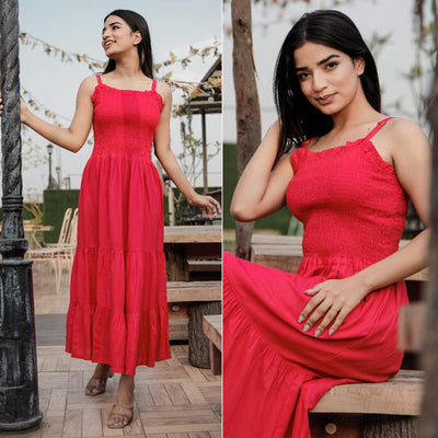 Dark Pink Solid Rayon Dress