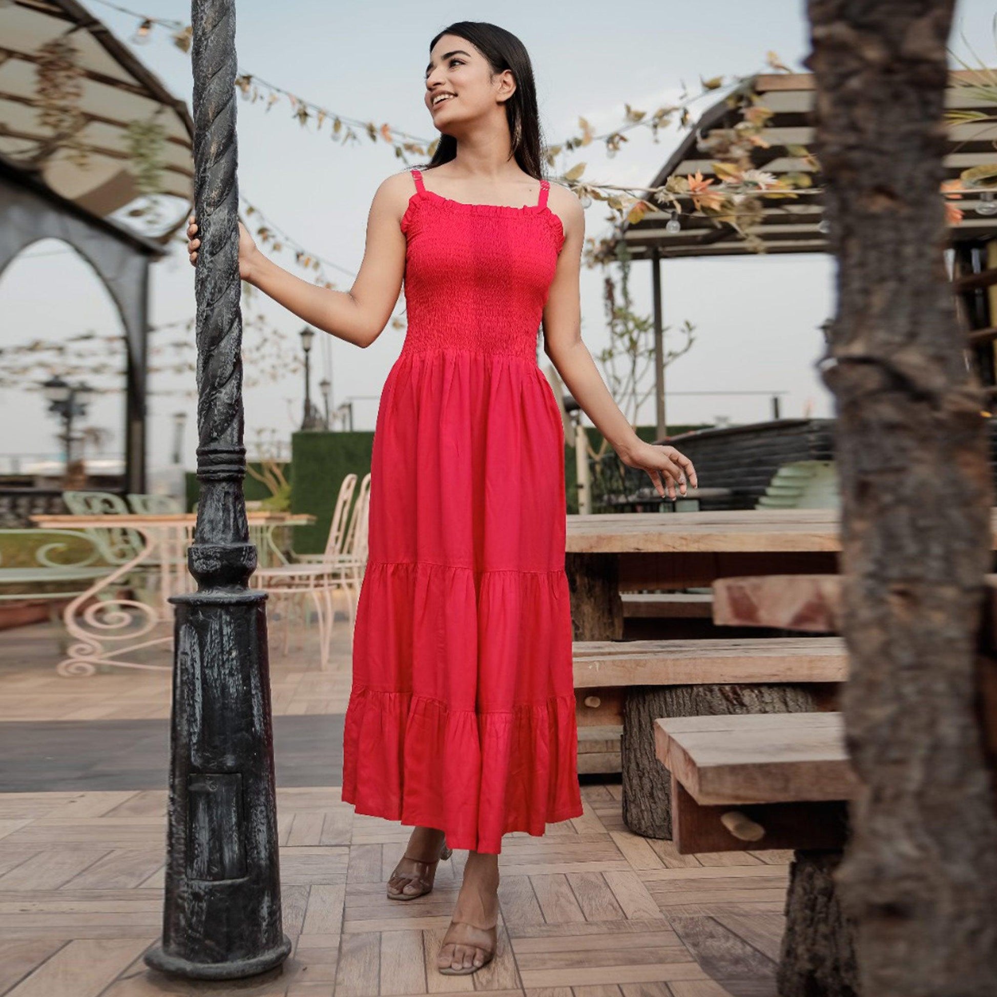Dark Pink Solid Rayon Dress