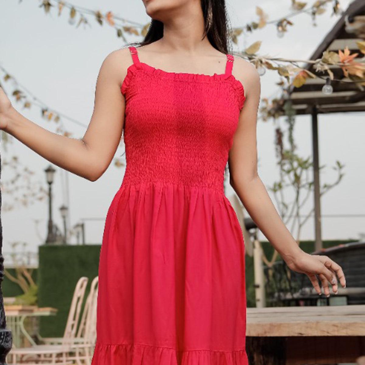 Dark Pink Solid Rayon Dress