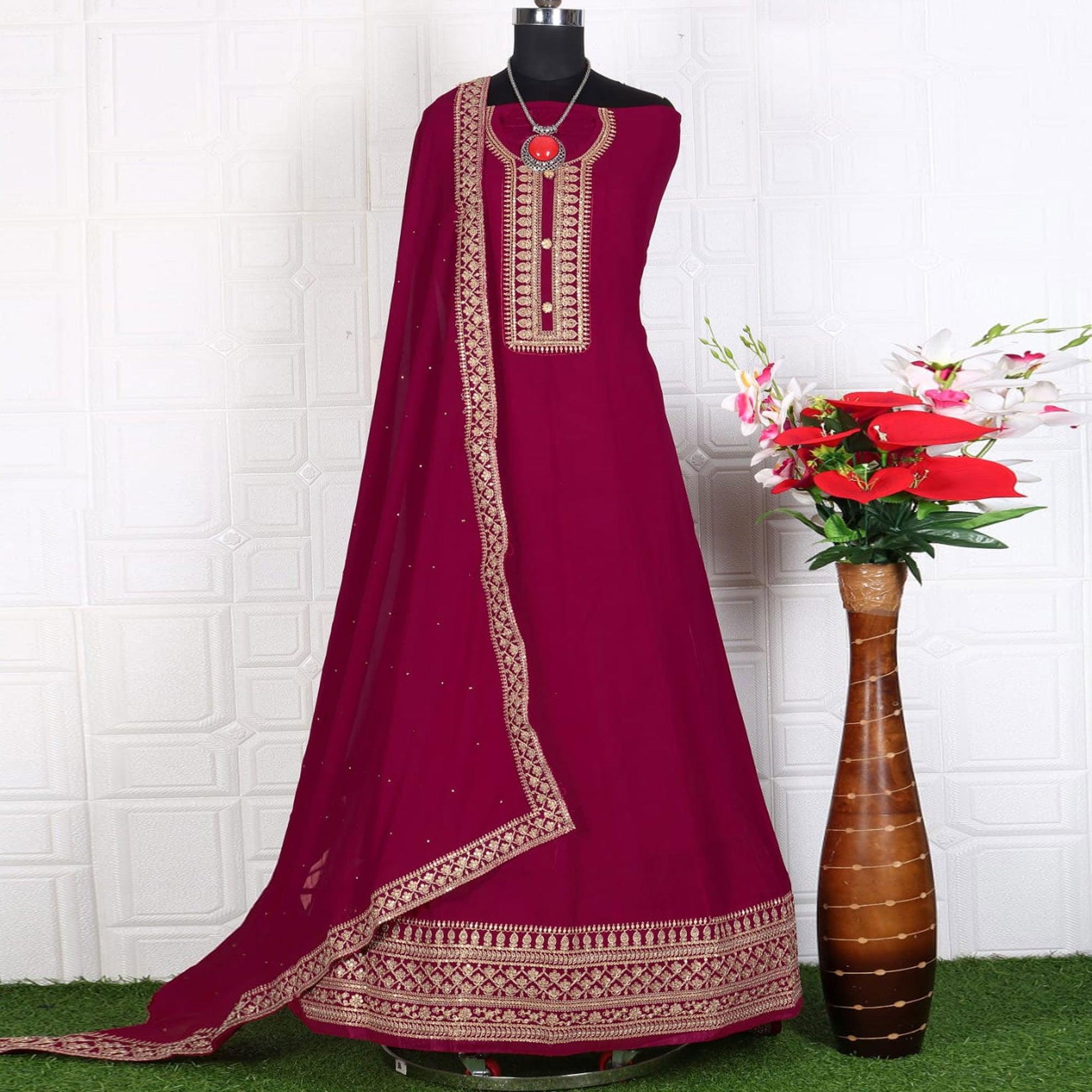 Dark Pink Women's Embroidered Georgette Partywear Gown
