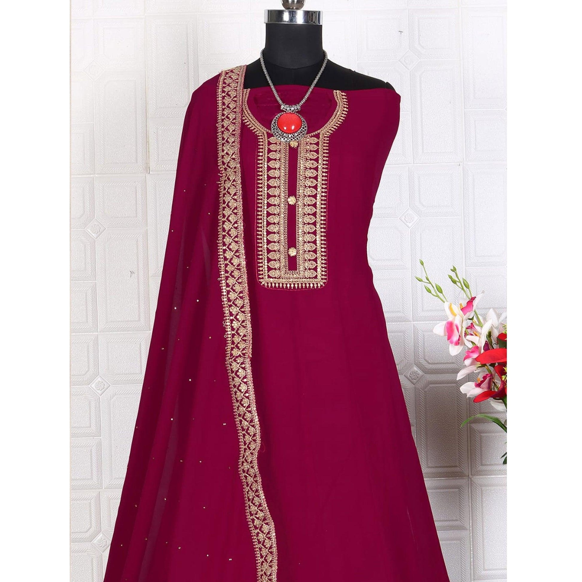 Dark Pink Women's Embroidered Georgette Partywear Gown