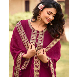 Dark Pink Women's Embroidered Georgette Partywear Gown
