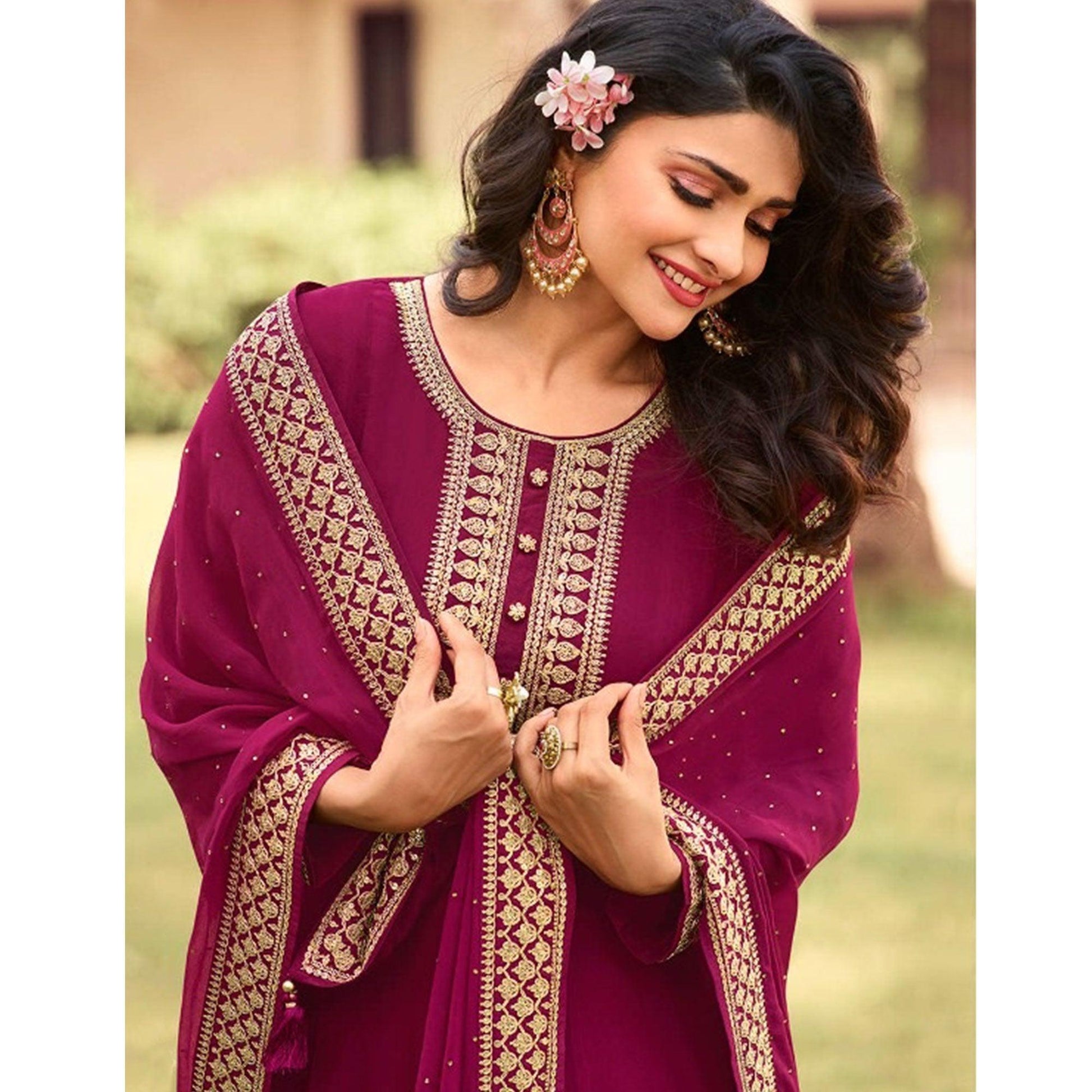 Dark Pink Women's Embroidered Georgette Partywear Gown