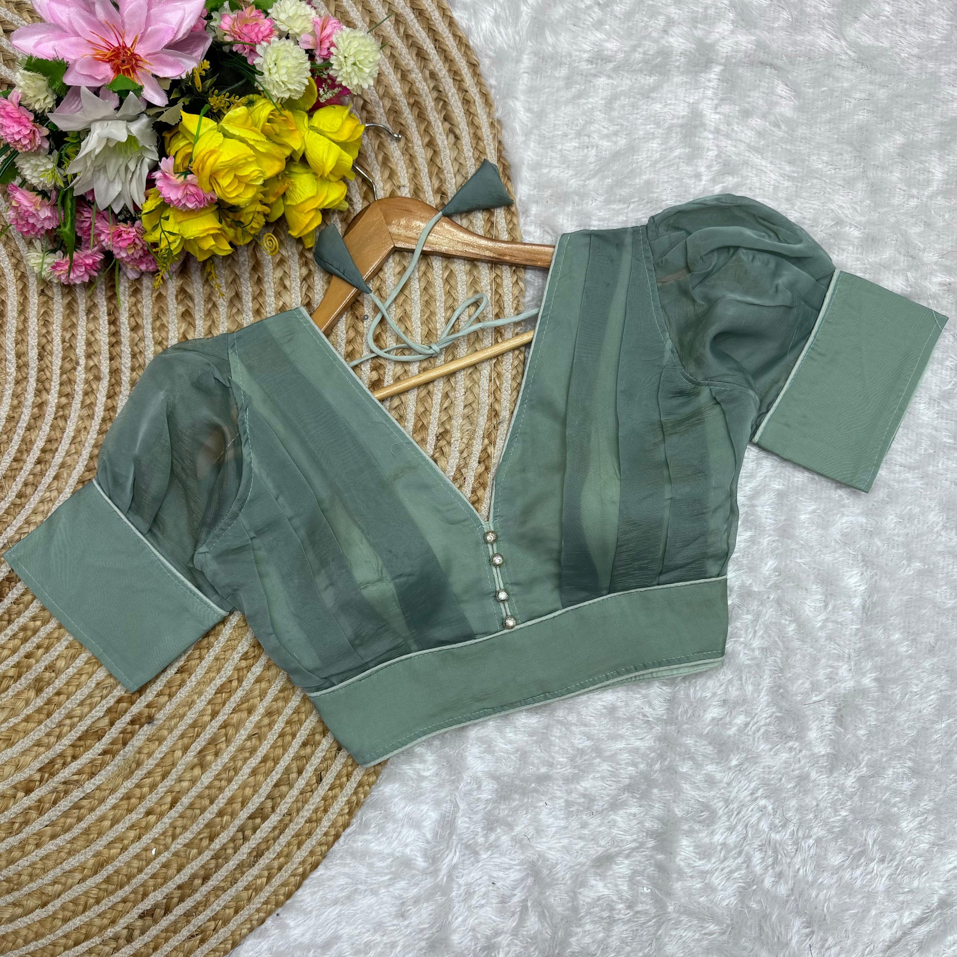 Dark Pista Color Metallic Jari Blouse with Ruffled Pattern and Balloon Sleeves