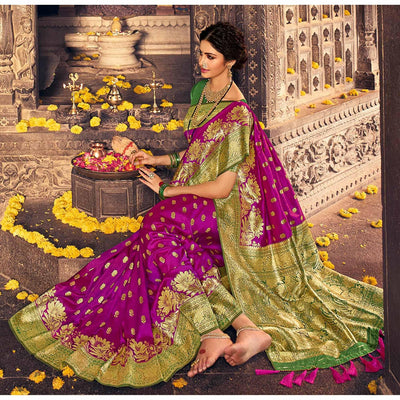 Dark Purple  & Green Festive Wear Woven Banarasi Silk Saree