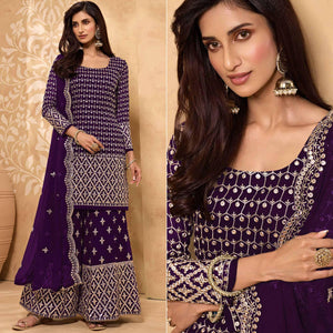 Dark Purple Embroidered-Embellished Georgette Sharara Suit